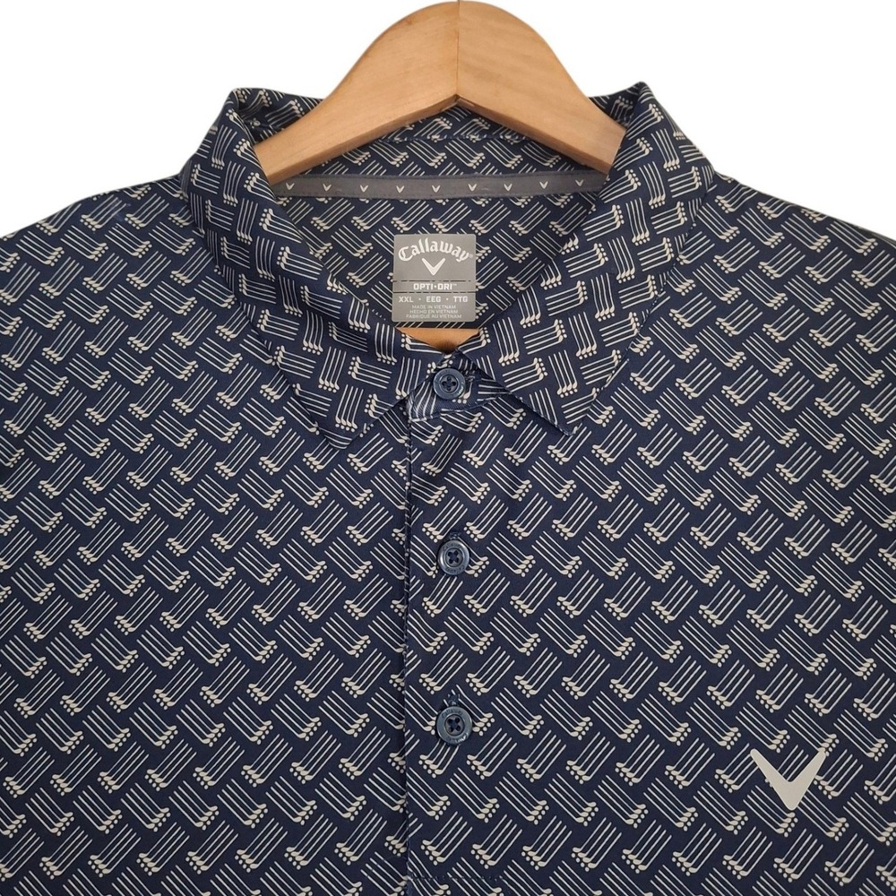 Callaway Opti-Dri Geometric Polo Shirt Mens 2XL Navy Blue White Performance
